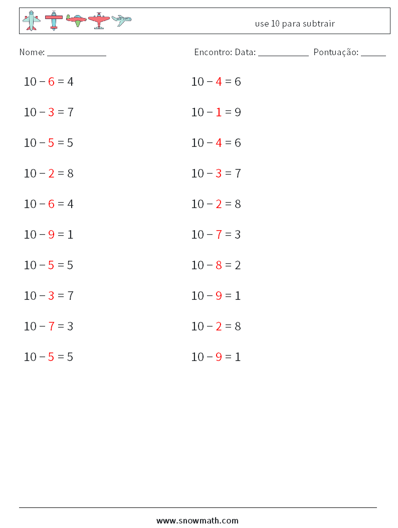 (20) use 10 para subtrair planilhas matemáticas 6 Pergunta, Resposta
