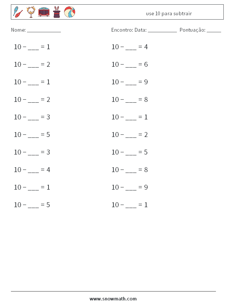 (20) use 10 para subtrair planilhas matemáticas 7