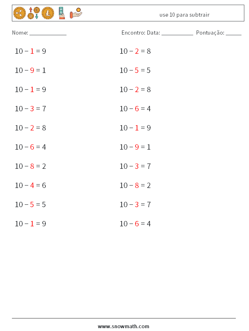 (20) use 10 para subtrair planilhas matemáticas 9 Pergunta, Resposta