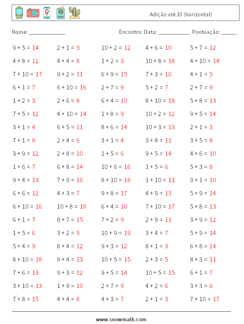 (100) Adição até 10 (horizontal) planilhas matemáticas 1 Pergunta, Resposta