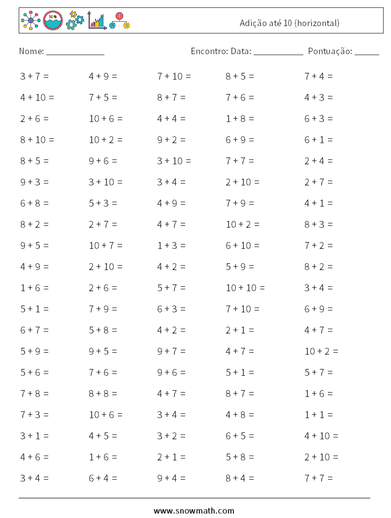 (100) Adição até 10 (horizontal) planilhas matemáticas 2