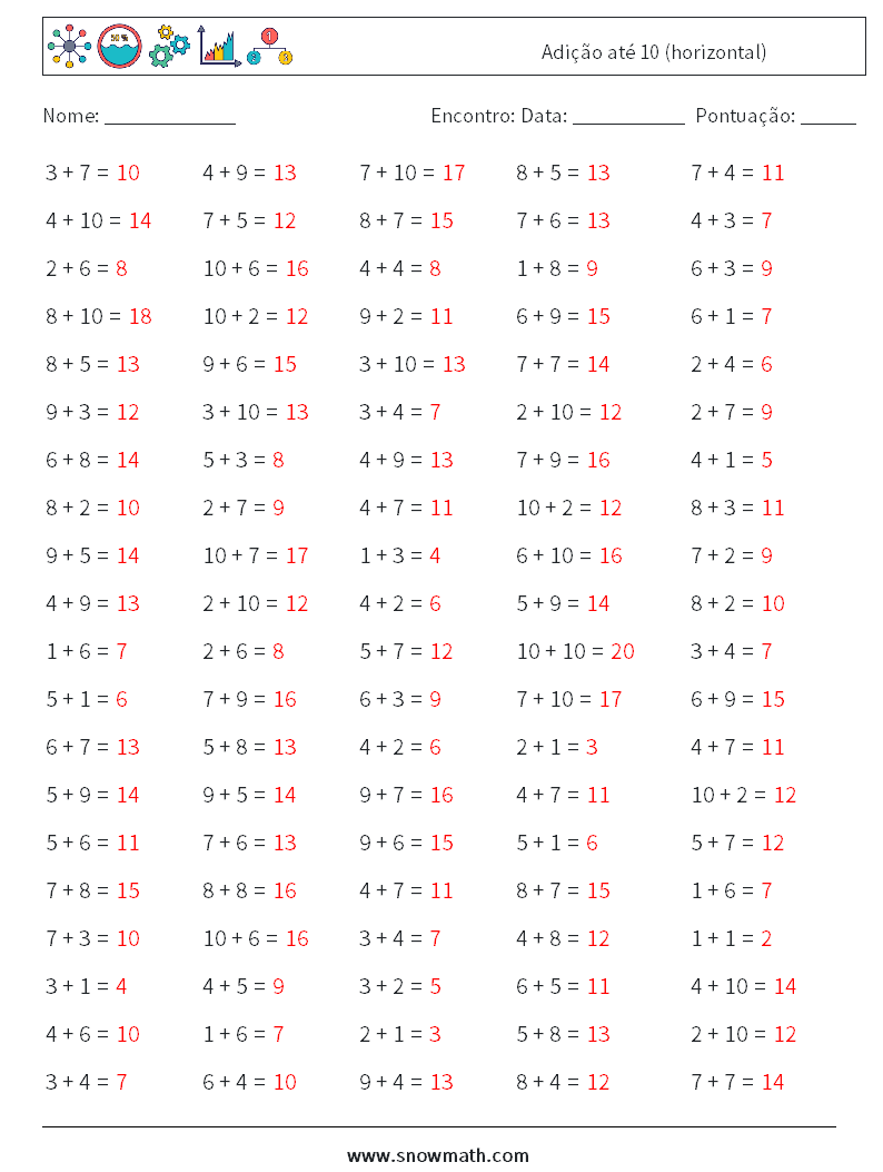 (100) Adição até 10 (horizontal) planilhas matemáticas 2 Pergunta, Resposta
