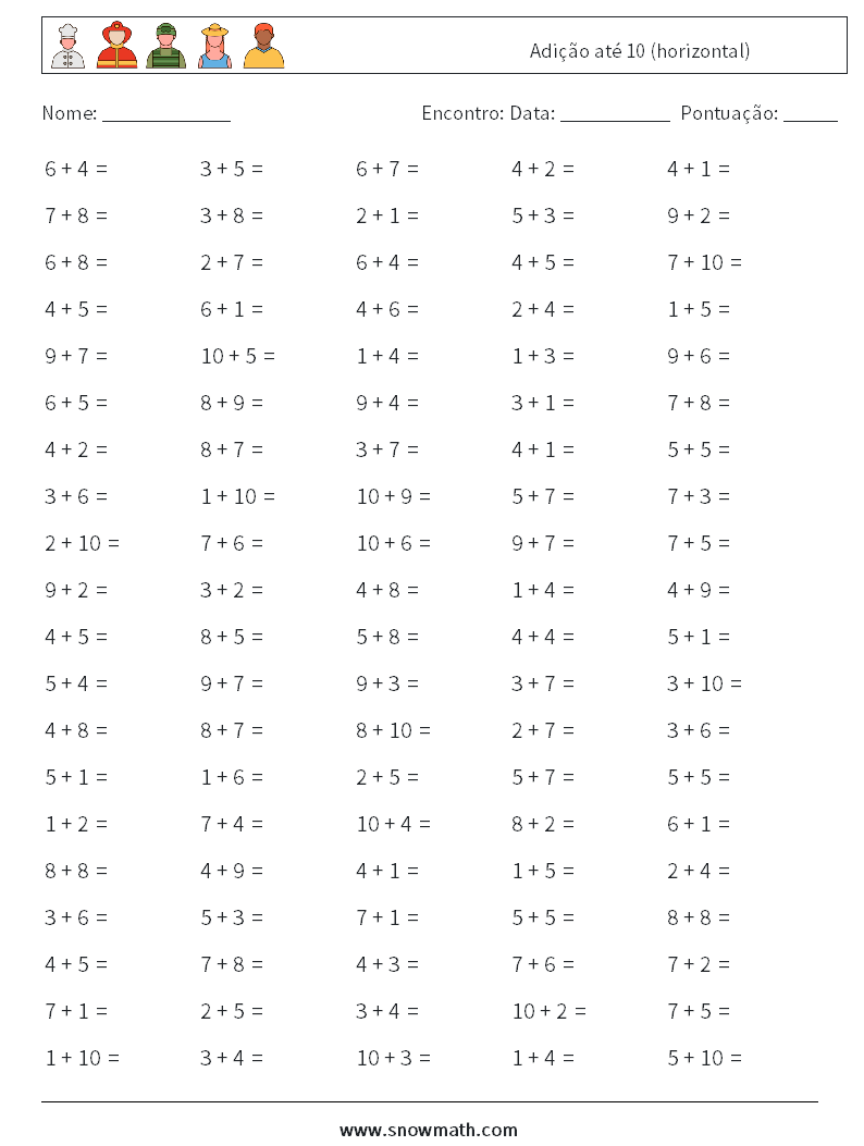 (100) Adição até 10 (horizontal) planilhas matemáticas 3