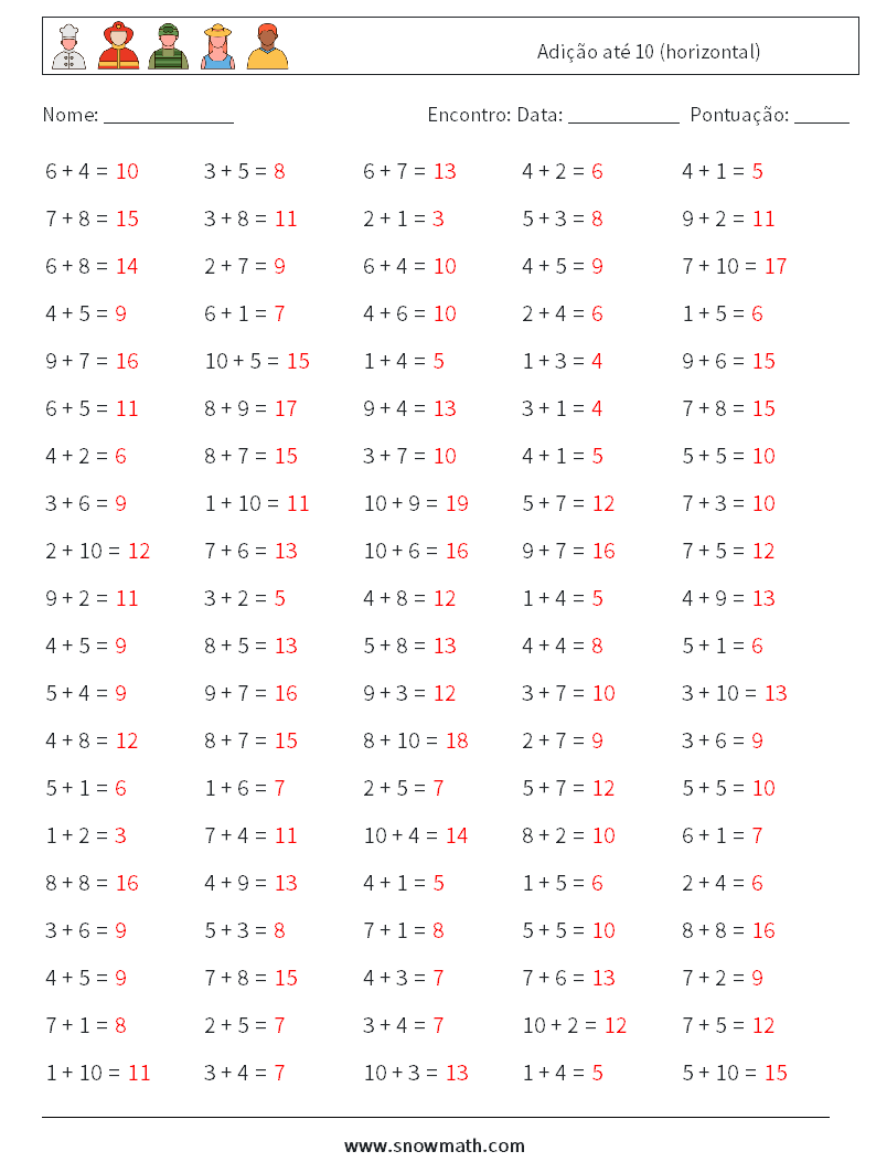 (100) Adição até 10 (horizontal) planilhas matemáticas 3 Pergunta, Resposta
