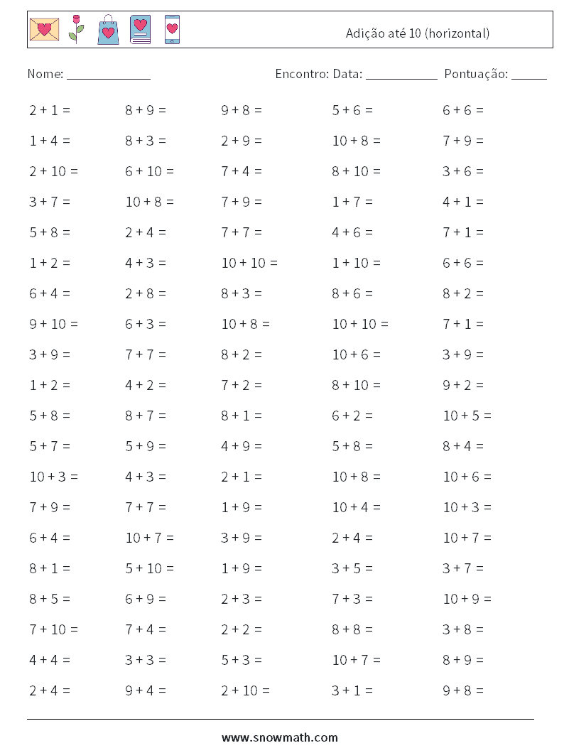(100) Adição até 10 (horizontal) planilhas matemáticas 4