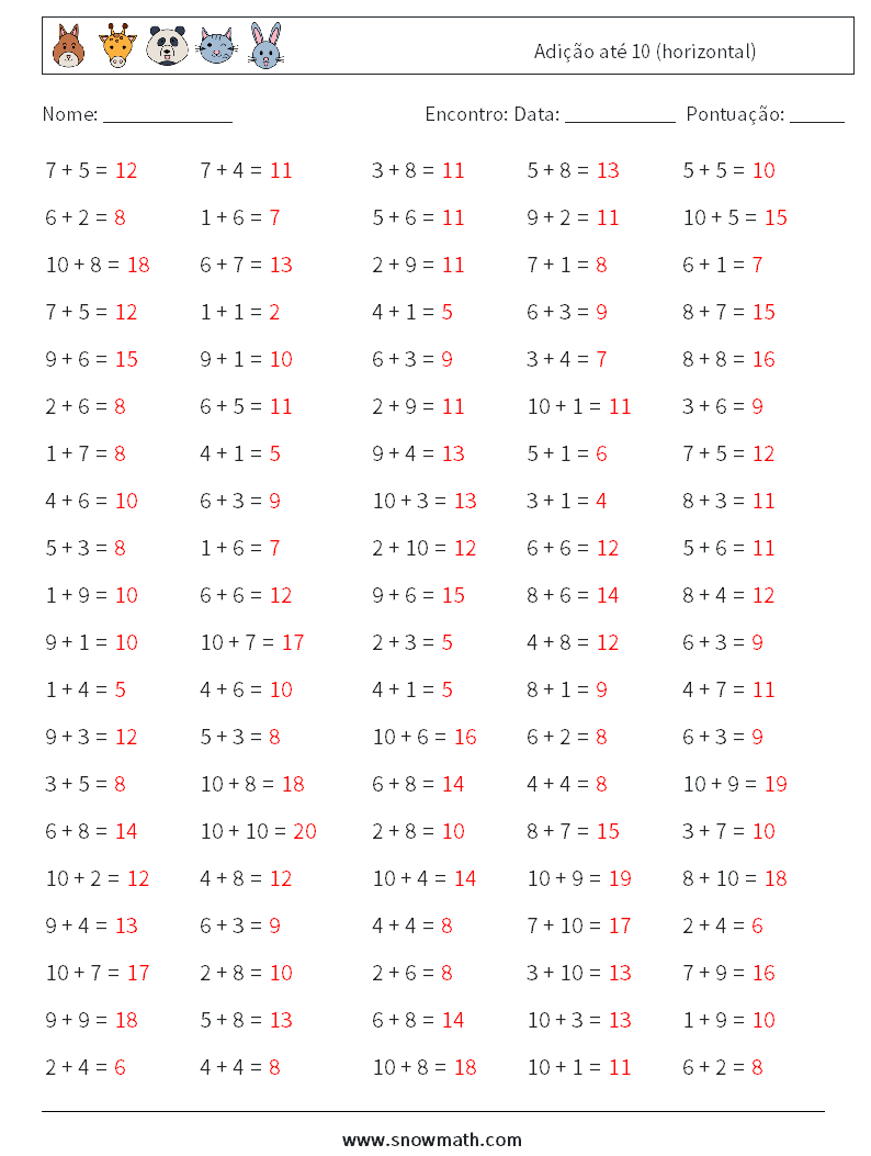 (100) Adição até 10 (horizontal) planilhas matemáticas 5 Pergunta, Resposta