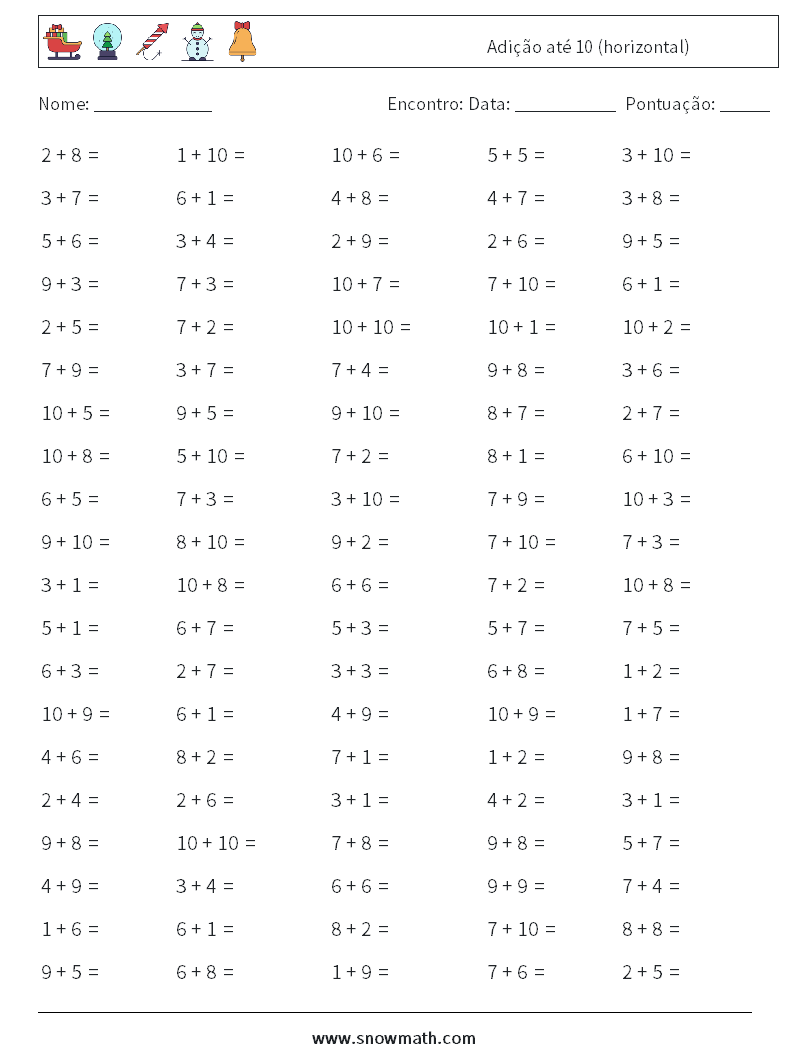 (100) Adição até 10 (horizontal) planilhas matemáticas 6