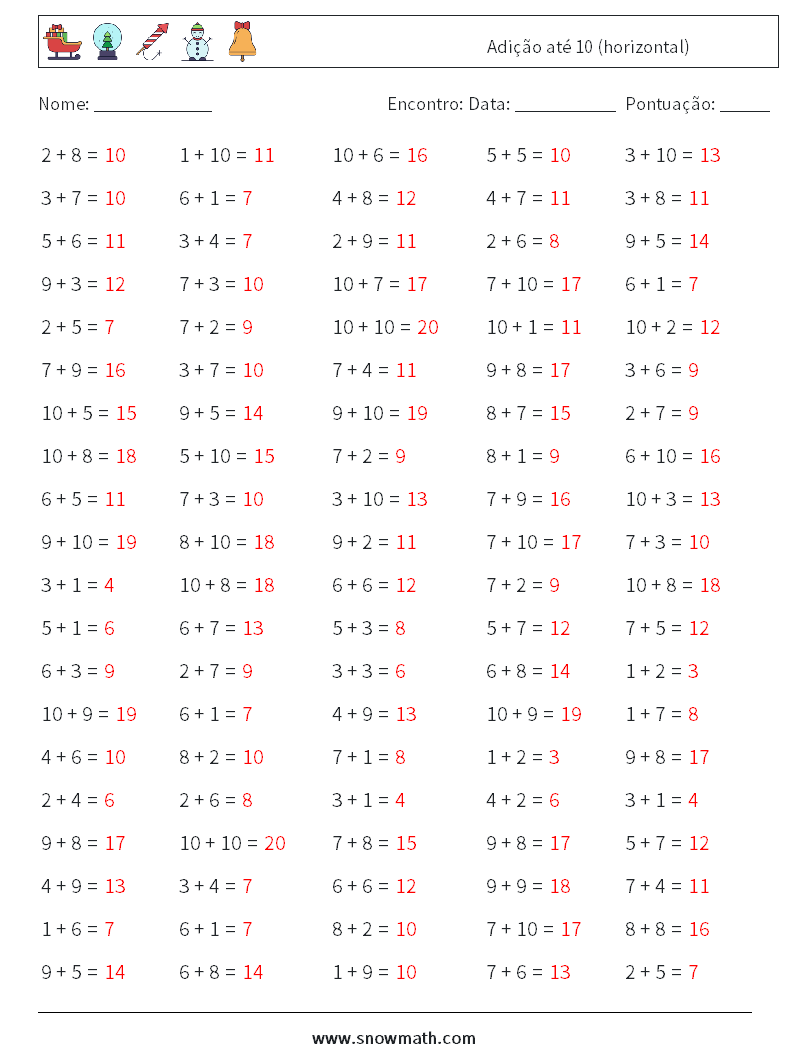 (100) Adição até 10 (horizontal) planilhas matemáticas 6 Pergunta, Resposta