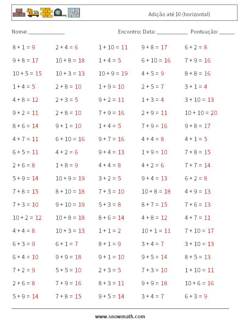(100) Adição até 10 (horizontal) planilhas matemáticas 7 Pergunta, Resposta