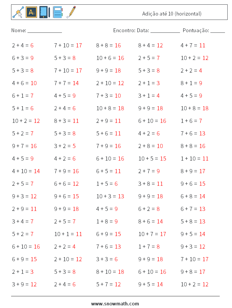 (100) Adição até 10 (horizontal) planilhas matemáticas 8 Pergunta, Resposta