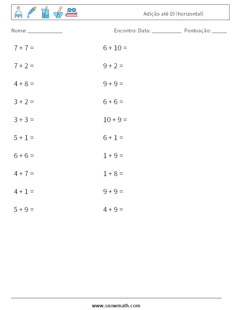 (20) Adição até 10 (horizontal) planilhas matemáticas 6