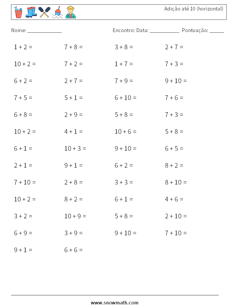 (50) Adição até 10 (horizontal) planilhas matemáticas 4