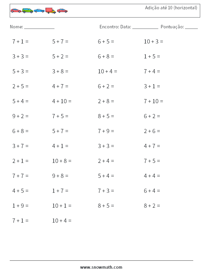 (50) Adição até 10 (horizontal) planilhas matemáticas 9