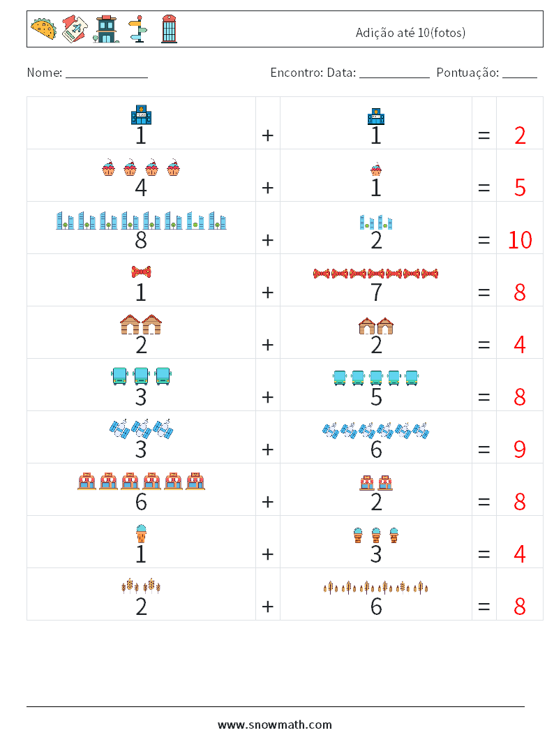 Adição até 10(fotos) planilhas matemáticas 10 Pergunta, Resposta