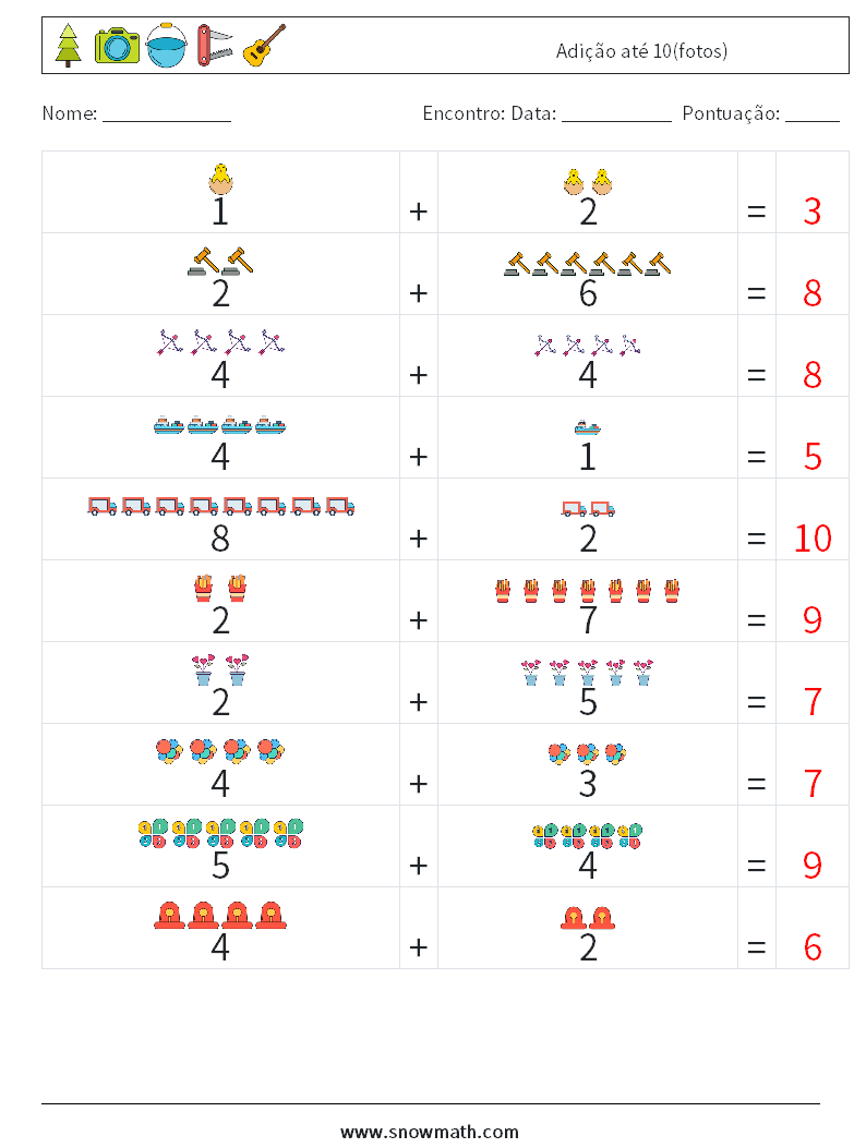 Adição até 10(fotos) planilhas matemáticas 12 Pergunta, Resposta