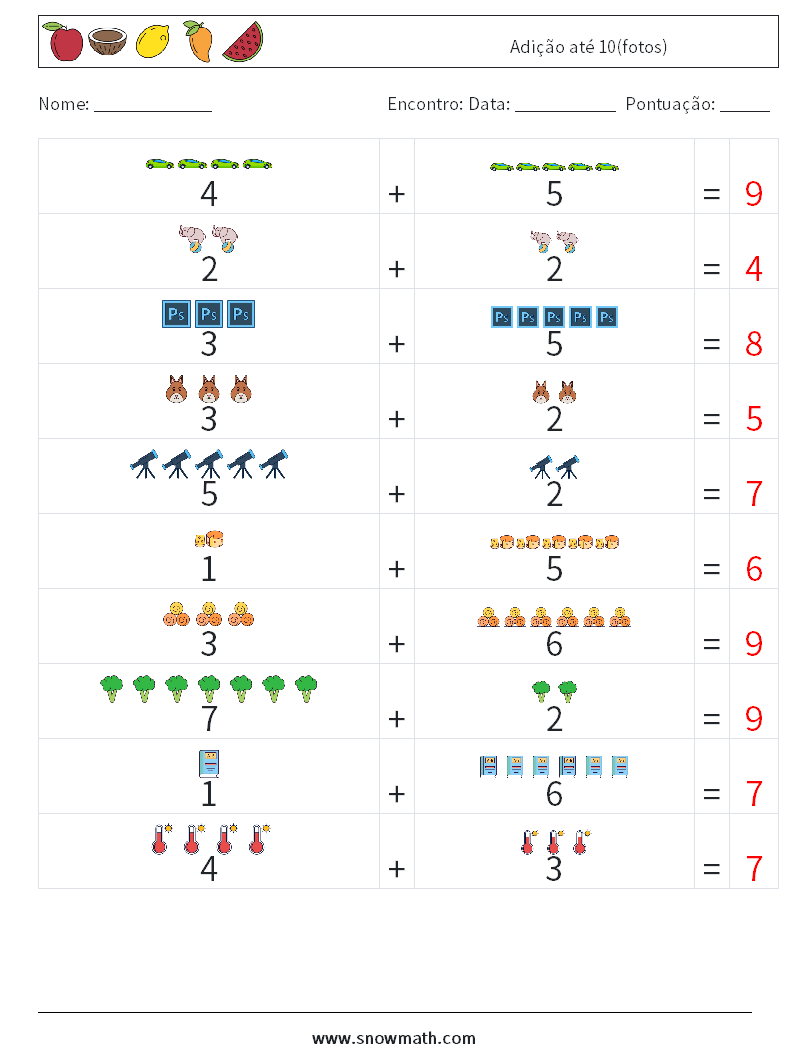 Adição até 10(fotos) planilhas matemáticas 13 Pergunta, Resposta