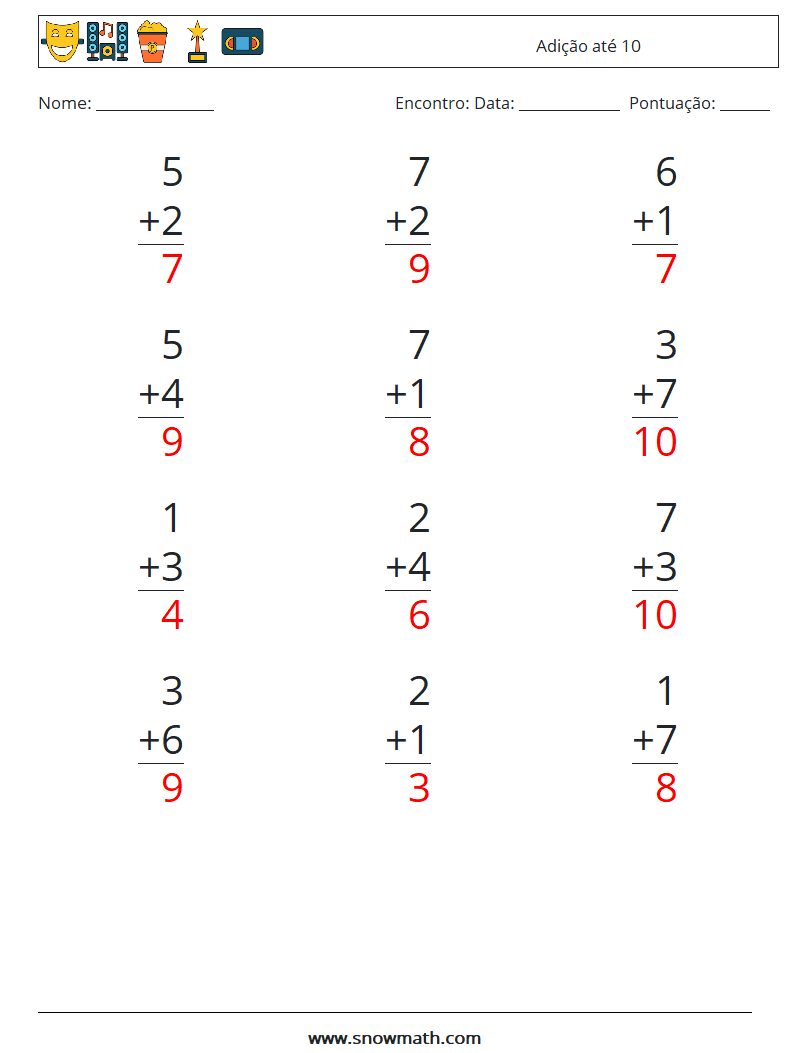 (12) Adição até 10 planilhas matemáticas 1 Pergunta, Resposta