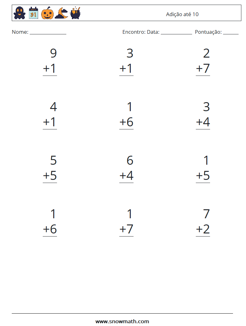 (12) Adição até 10 planilhas matemáticas 2
