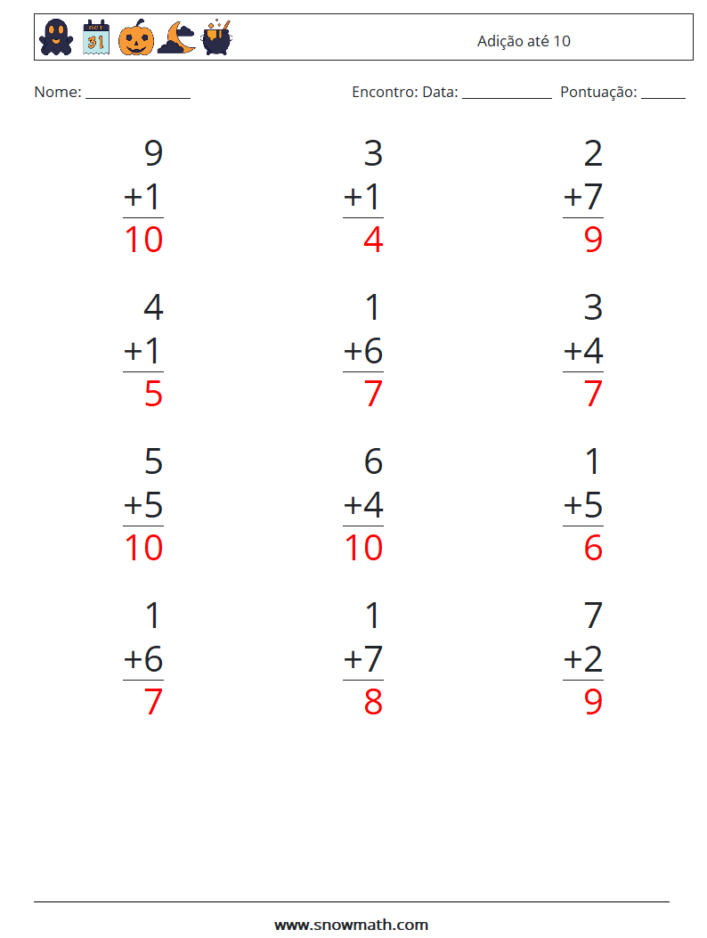 (12) Adição até 10 planilhas matemáticas 2 Pergunta, Resposta