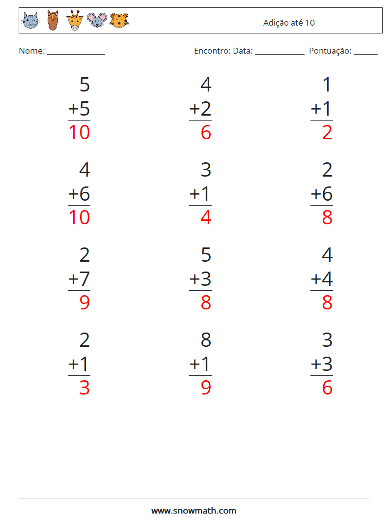 (12) Adição até 10 planilhas matemáticas 3 Pergunta, Resposta