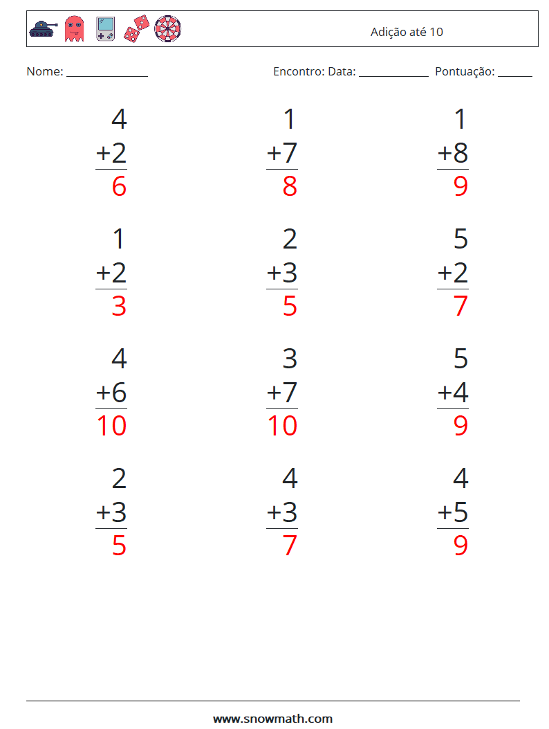 (12) Adição até 10 planilhas matemáticas 4 Pergunta, Resposta