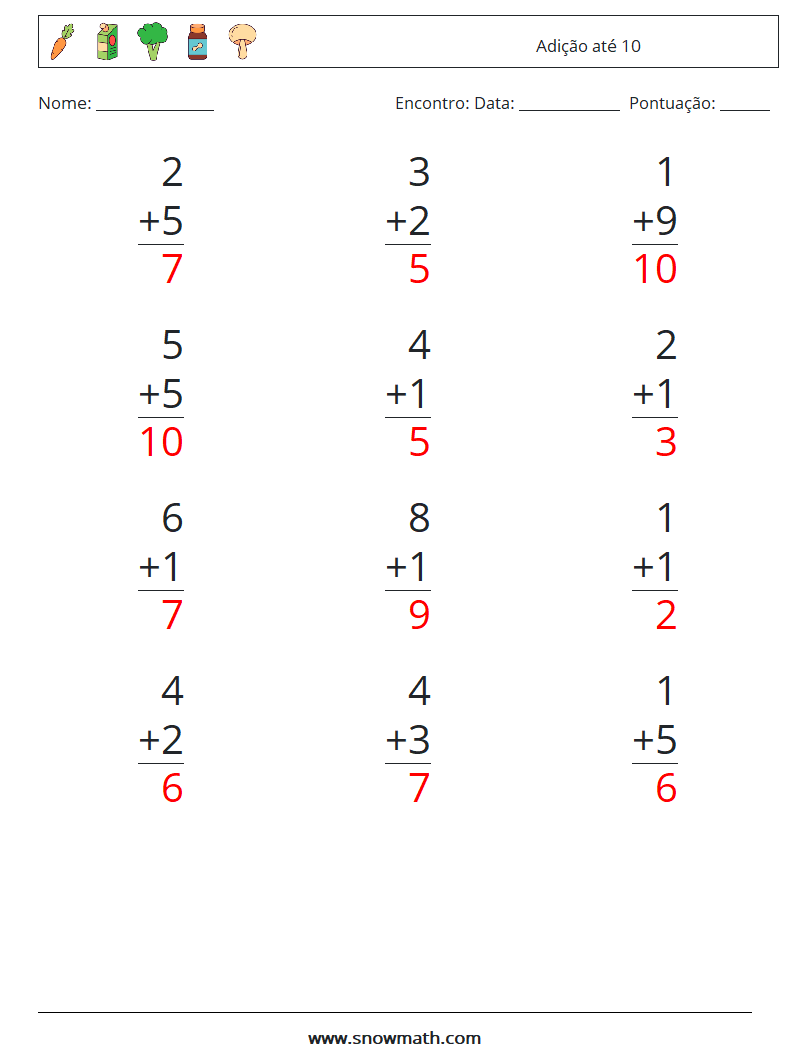 (12) Adição até 10 planilhas matemáticas 5 Pergunta, Resposta