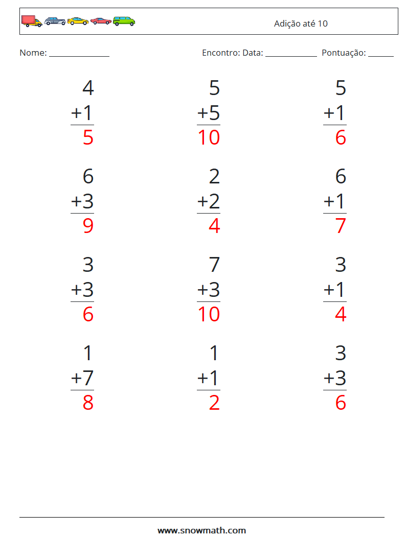 (12) Adição até 10 planilhas matemáticas 6 Pergunta, Resposta