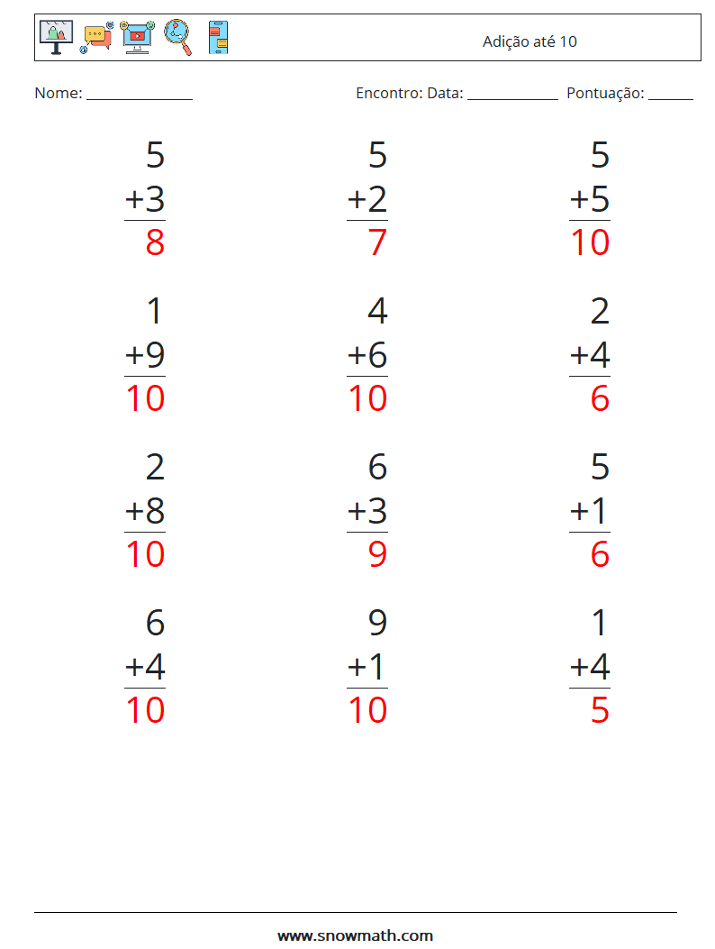 (12) Adição até 10 planilhas matemáticas 7 Pergunta, Resposta