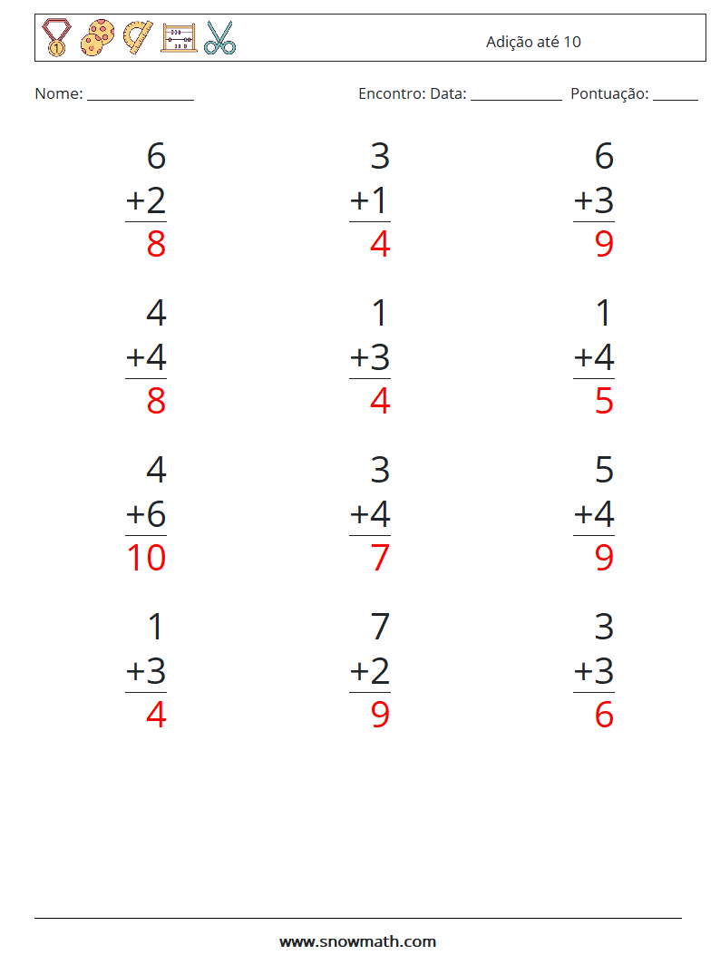 (12) Adição até 10 planilhas matemáticas 8 Pergunta, Resposta