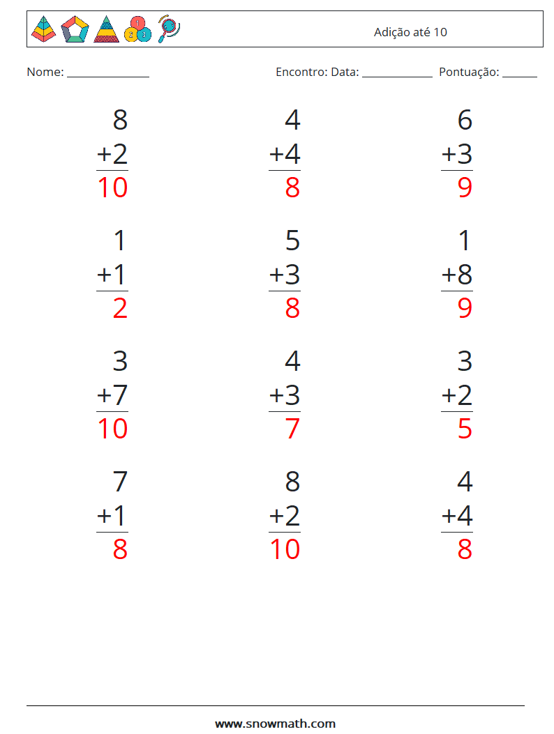 (12) Adição até 10 planilhas matemáticas 9 Pergunta, Resposta