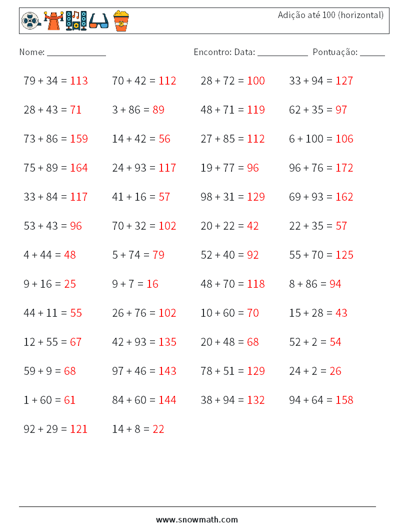 (50) Adição até 100 (horizontal) planilhas matemáticas 1 Pergunta, Resposta
