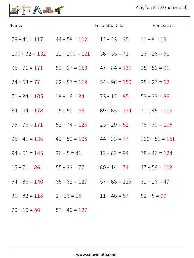 (50) Adição até 100 (horizontal) planilhas matemáticas 2 Pergunta, Resposta