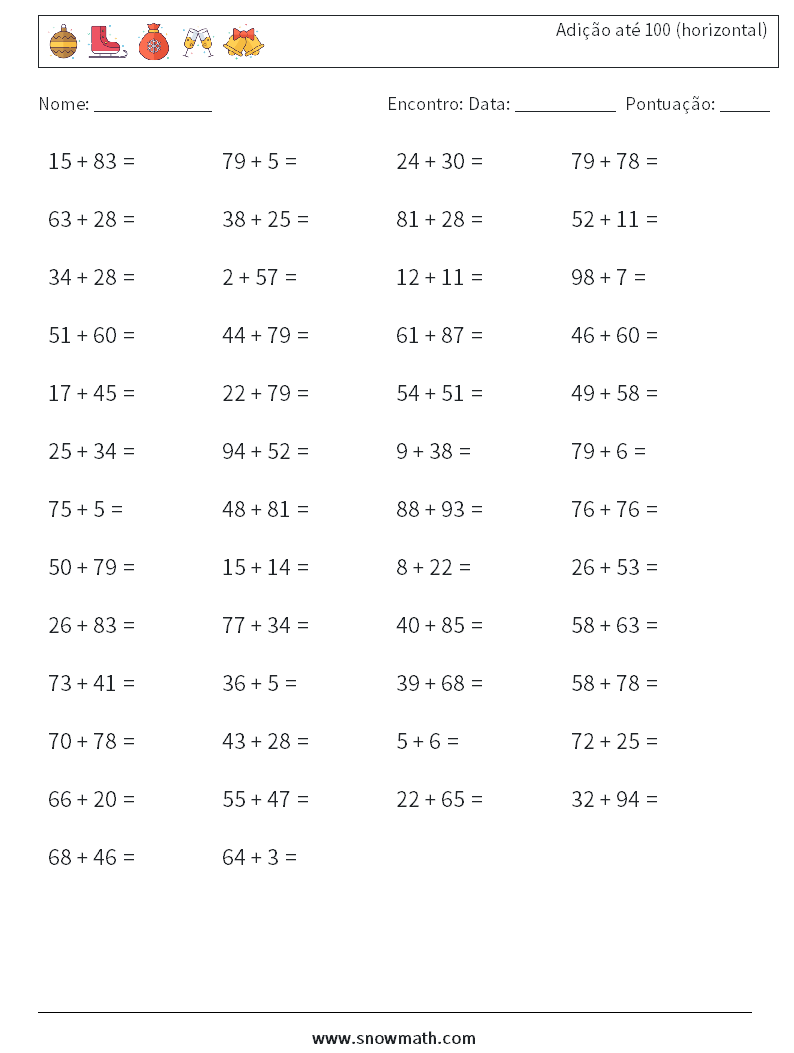 (50) Adição até 100 (horizontal) planilhas matemáticas 3