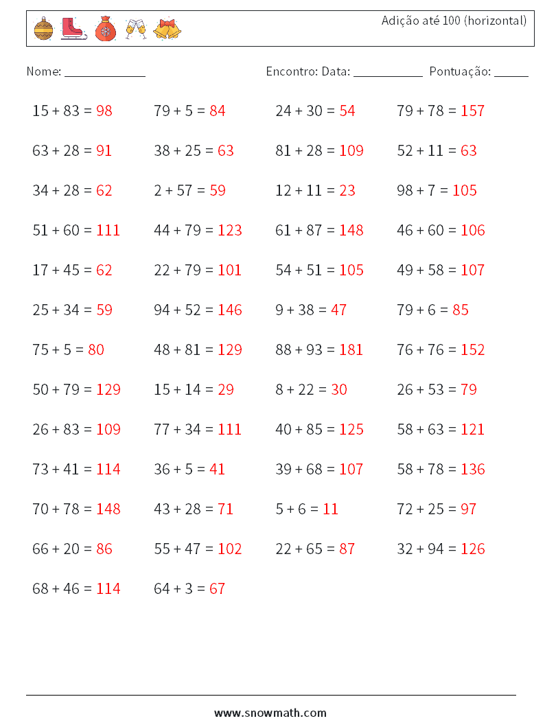 (50) Adição até 100 (horizontal) planilhas matemáticas 3 Pergunta, Resposta