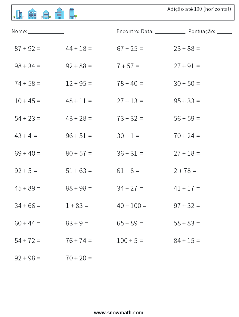 (50) Adição até 100 (horizontal) planilhas matemáticas 5