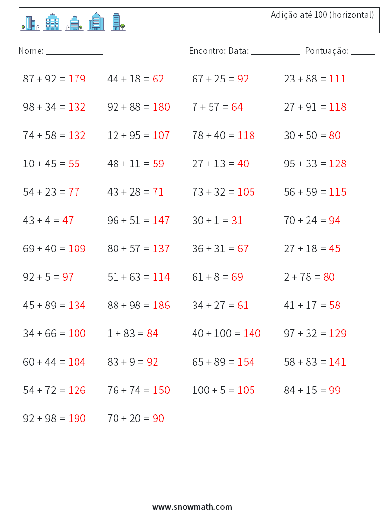 (50) Adição até 100 (horizontal) planilhas matemáticas 5 Pergunta, Resposta