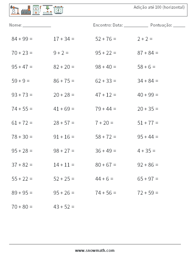 (50) Adição até 100 (horizontal) planilhas matemáticas 6