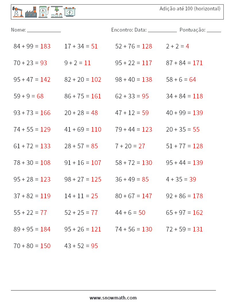 (50) Adição até 100 (horizontal) planilhas matemáticas 6 Pergunta, Resposta