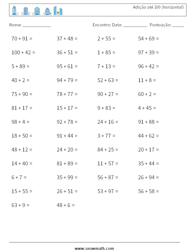 (50) Adição até 100 (horizontal) planilhas matemáticas 7