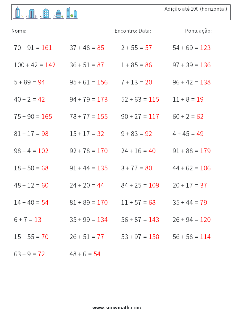(50) Adição até 100 (horizontal) planilhas matemáticas 7 Pergunta, Resposta