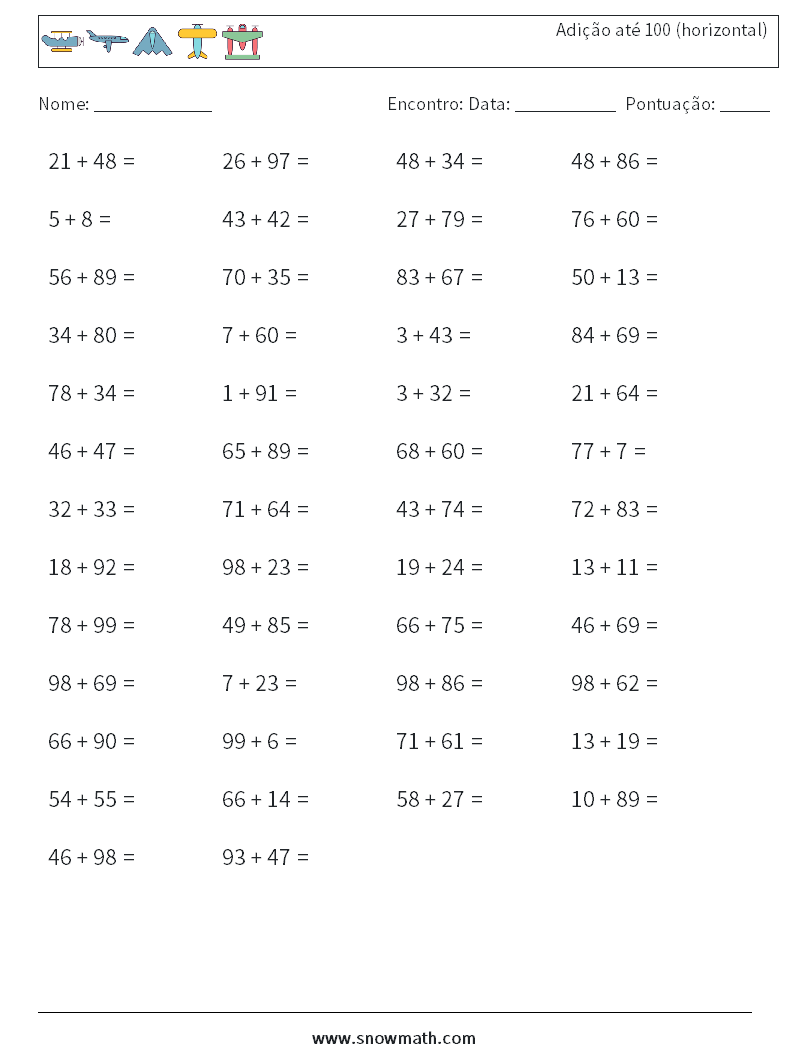 (50) Adição até 100 (horizontal) planilhas matemáticas 8