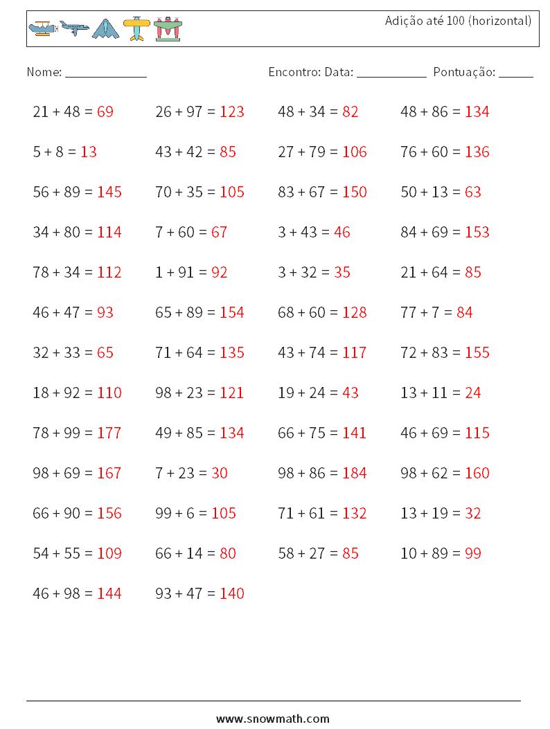 (50) Adição até 100 (horizontal) planilhas matemáticas 8 Pergunta, Resposta