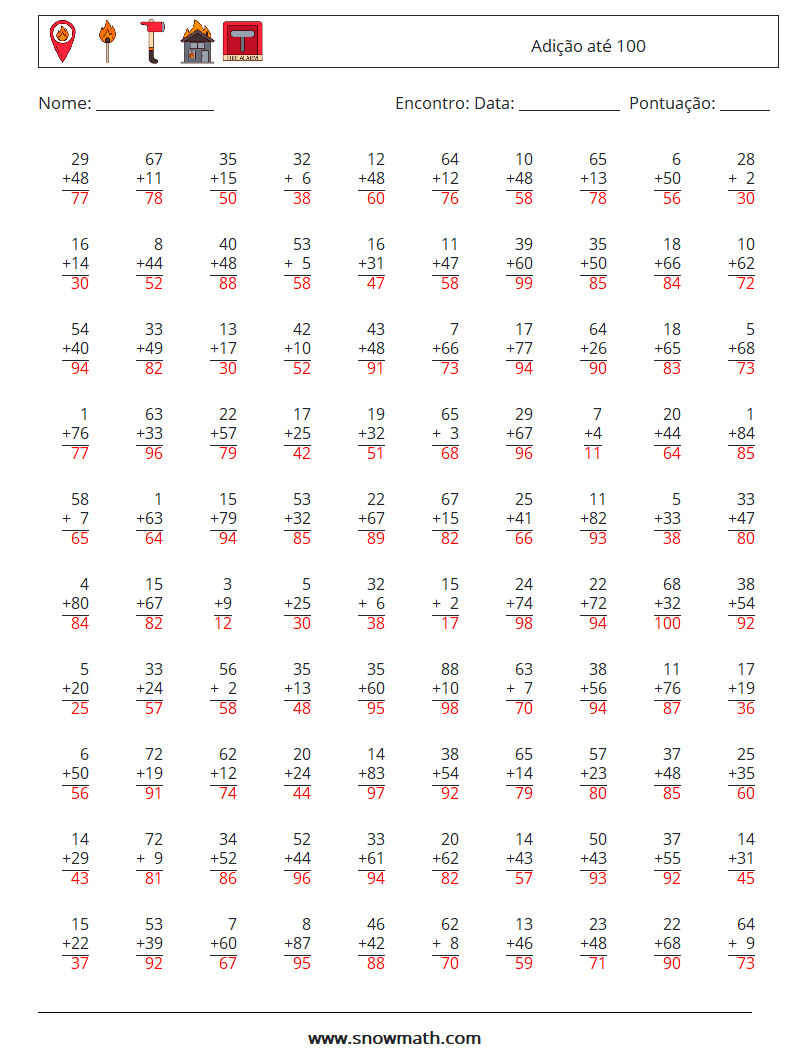 (100) Adição até 100 planilhas matemáticas 10 Pergunta, Resposta