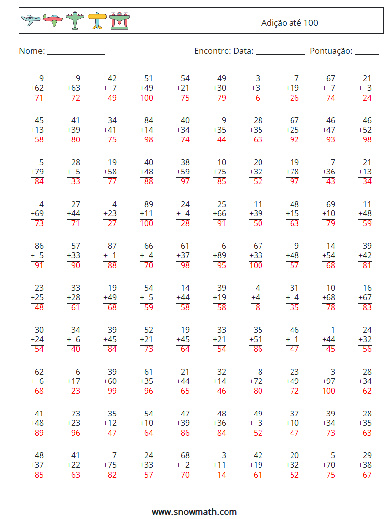 (100) Adição até 100 planilhas matemáticas 16 Pergunta, Resposta