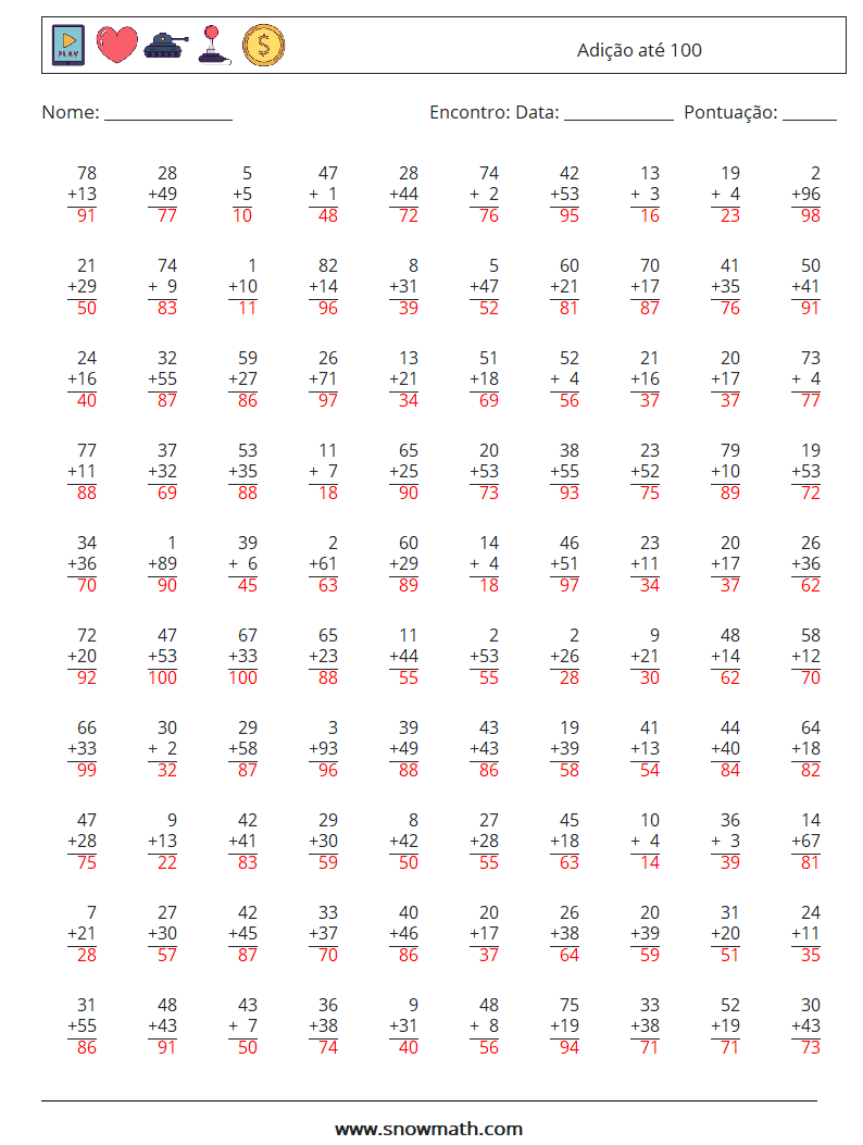 (100) Adição até 100 planilhas matemáticas 18 Pergunta, Resposta