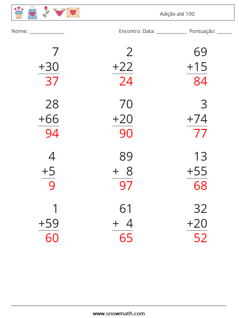 (12) Adição até 100 planilhas matemáticas 10 Pergunta, Resposta