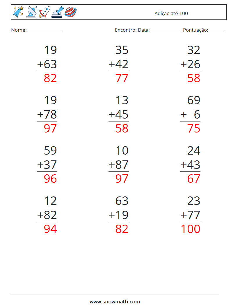 (12) Adição até 100 planilhas matemáticas 11 Pergunta, Resposta