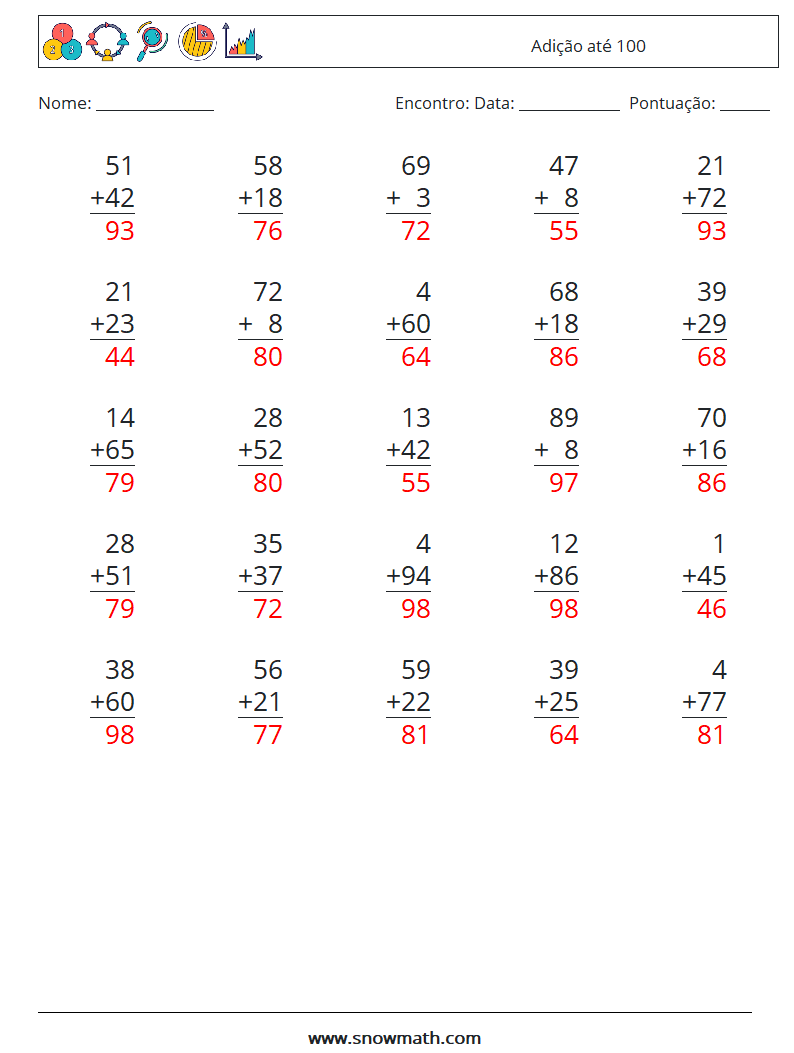 (25) Adição até 100 planilhas matemáticas 12 Pergunta, Resposta