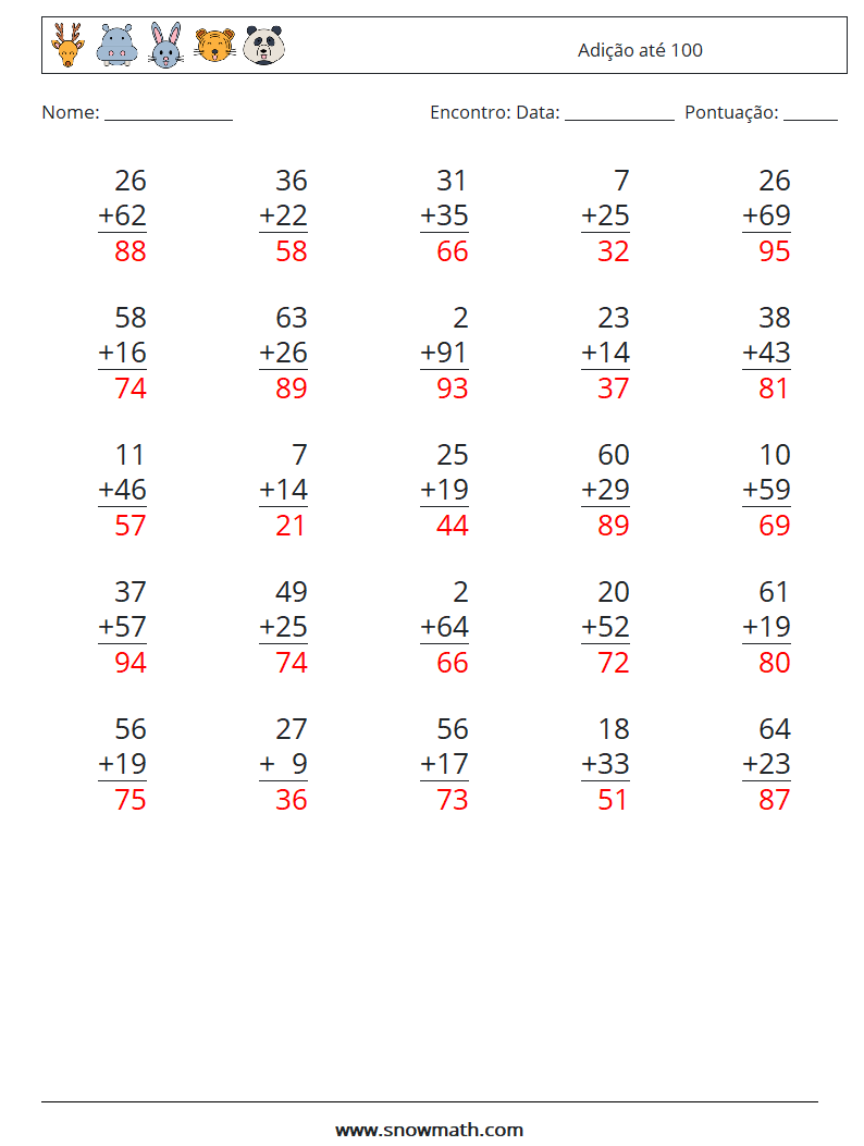 (25) Adição até 100 planilhas matemáticas 14 Pergunta, Resposta