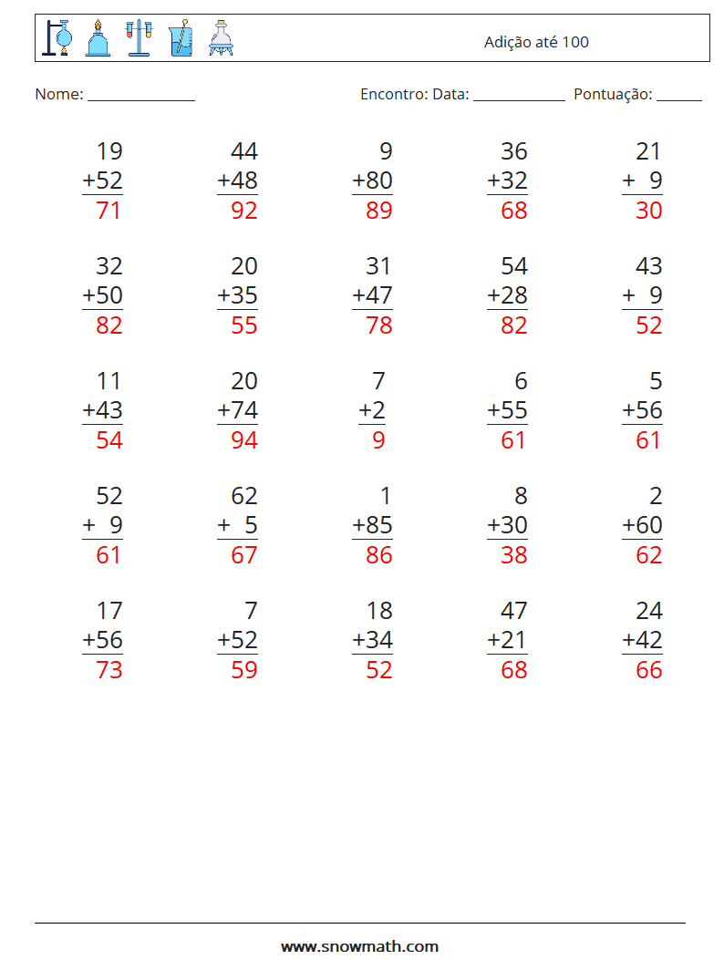 (25) Adição até 100 planilhas matemáticas 17 Pergunta, Resposta